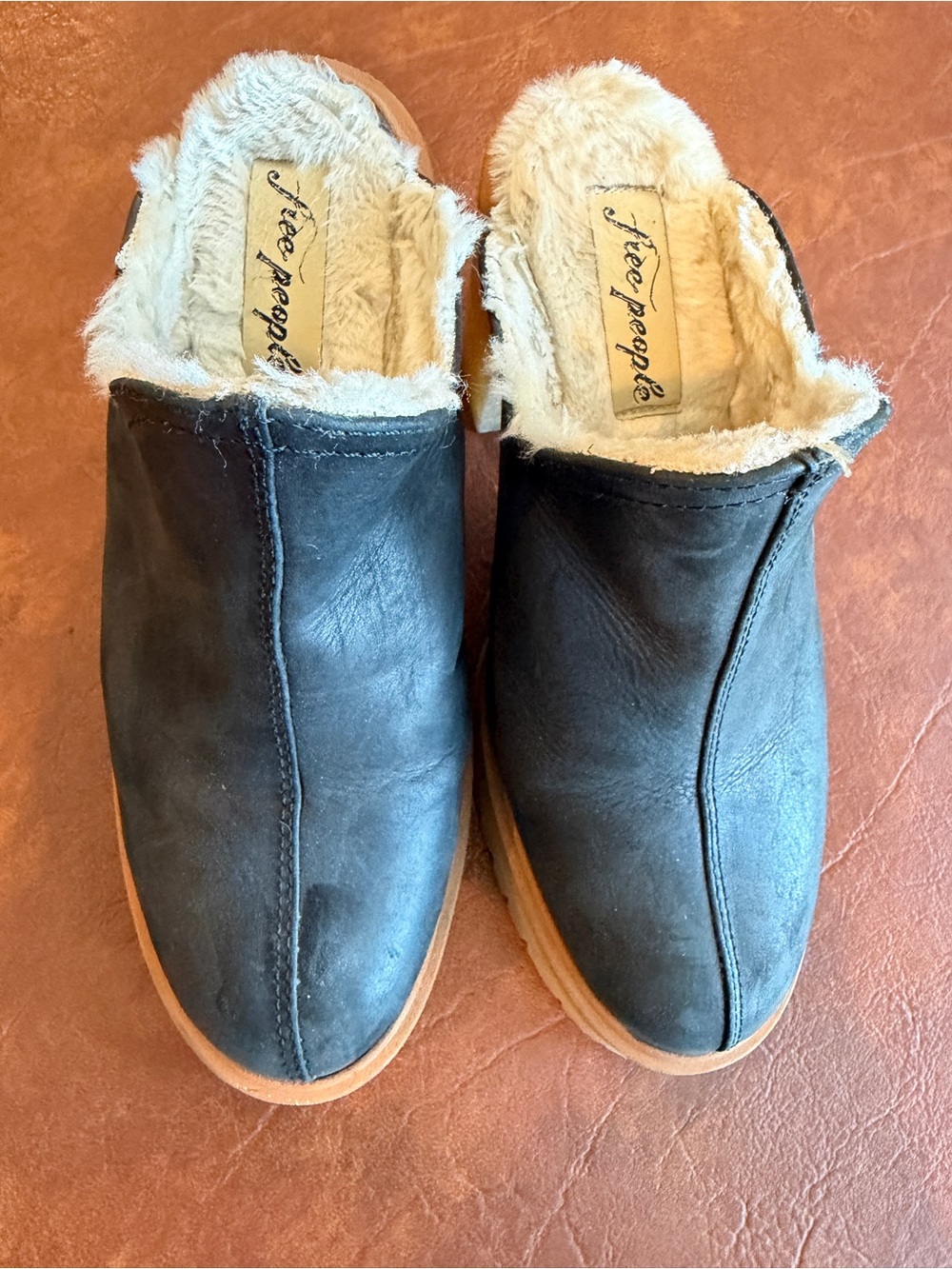 Free People Black Leather Slip-On Mules with Cream Fur Trim